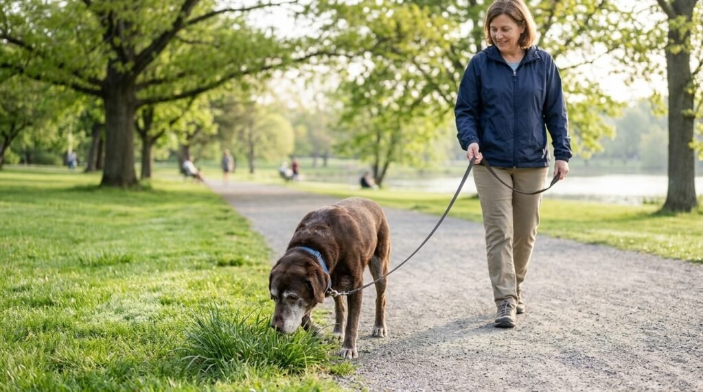 Senior Labrador taking a gentle sniffing walk on a flat park path