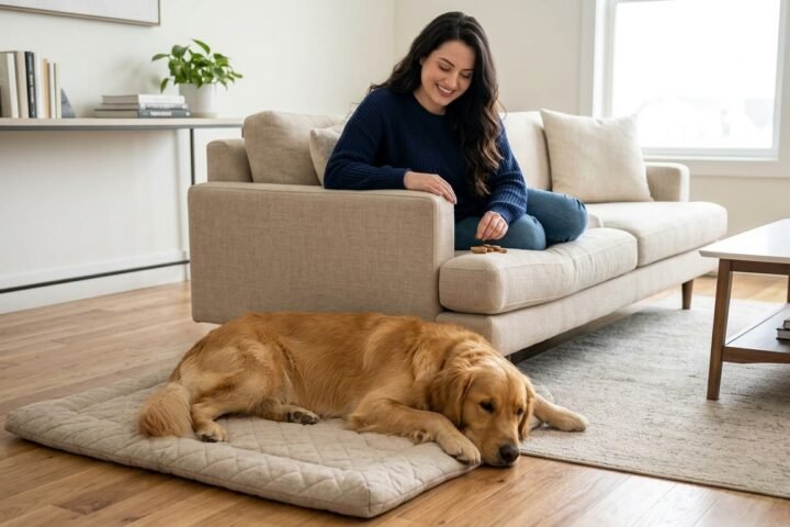 How to teach a dog to settle calmly on a mat at home
