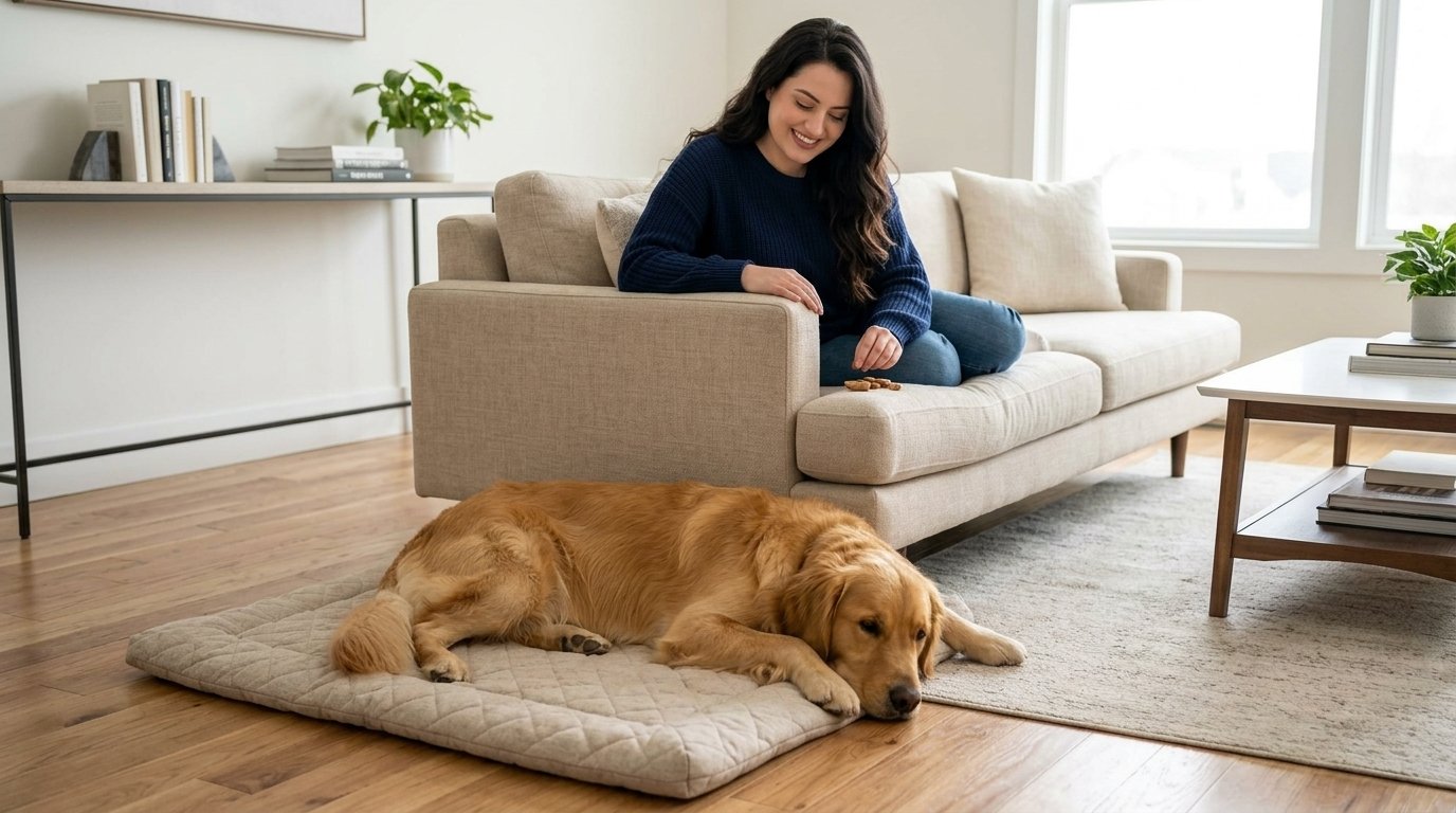 How to teach a dog to settle calmly on a mat at home