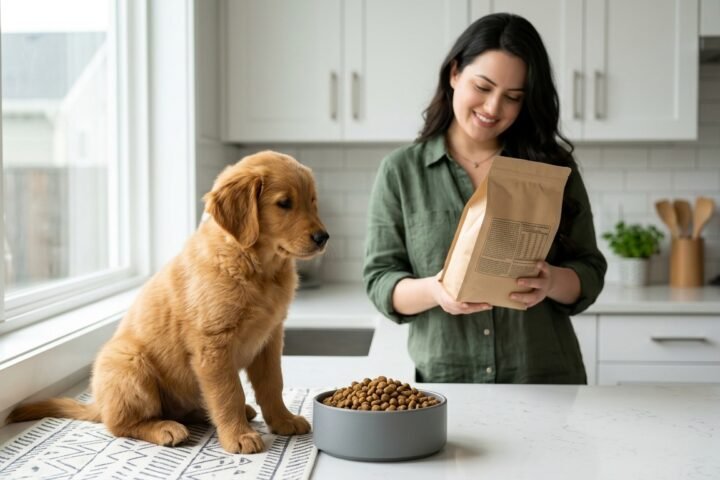 Best dog food for sensitive stomach with healthy dog beside food bowl