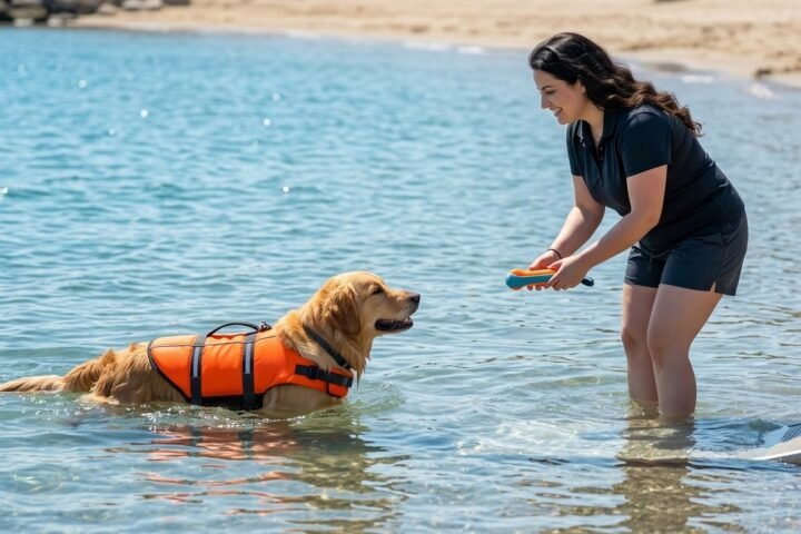 Dog swimming safety with a dog wearing a life jacket under active supervision