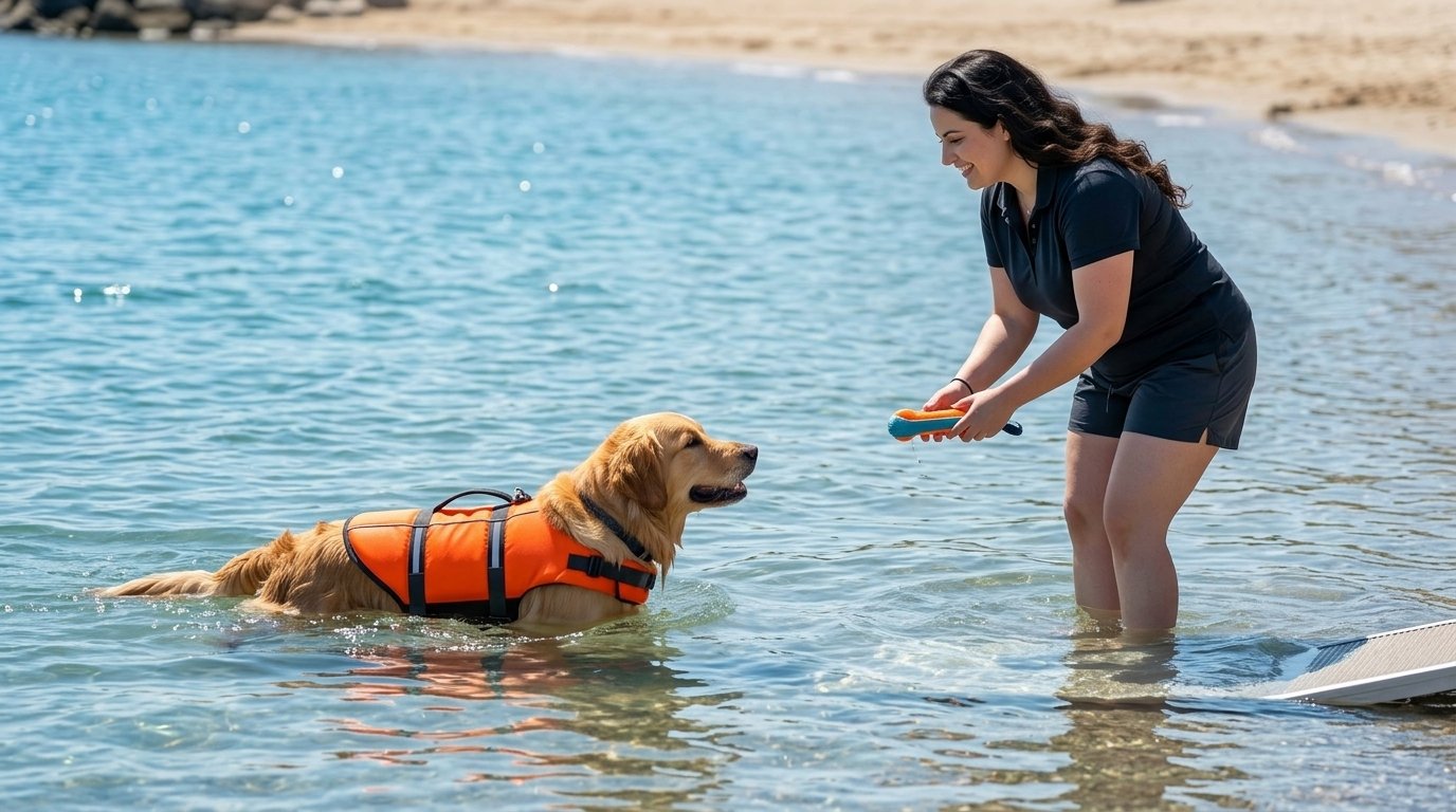 Dog swimming safety with a dog wearing a life jacket under active supervision