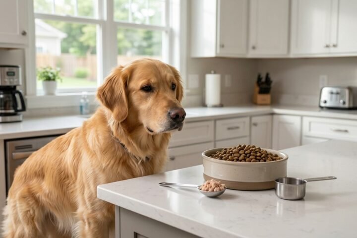 Dog food toppers portioned beside a golden retriever's balanced meal