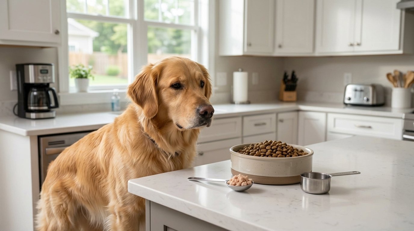 Dog food toppers portioned beside a golden retriever's balanced meal