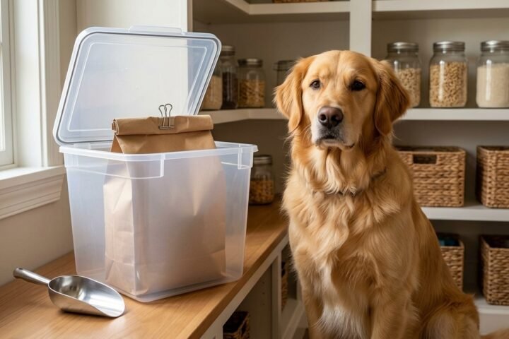 Dog food storage mistakes avoided by keeping kibble in its original bag inside a sealed bin