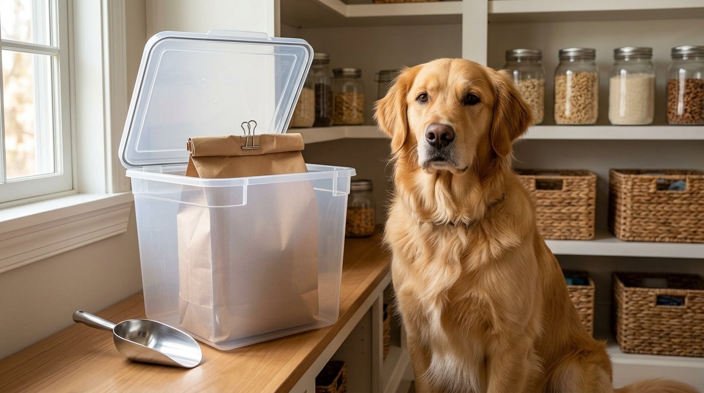 Dog food storage mistakes avoided by keeping kibble in its original bag inside a sealed bin