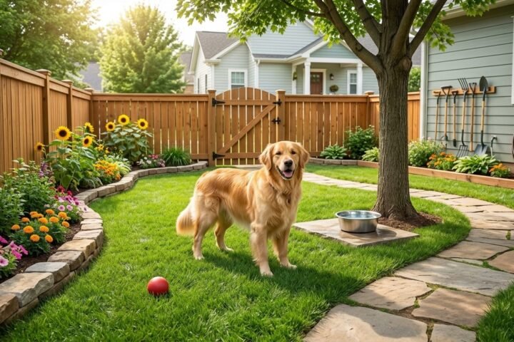 Dog-friendly yard with secure fencing, shade, water, safe landscaping, and play space.