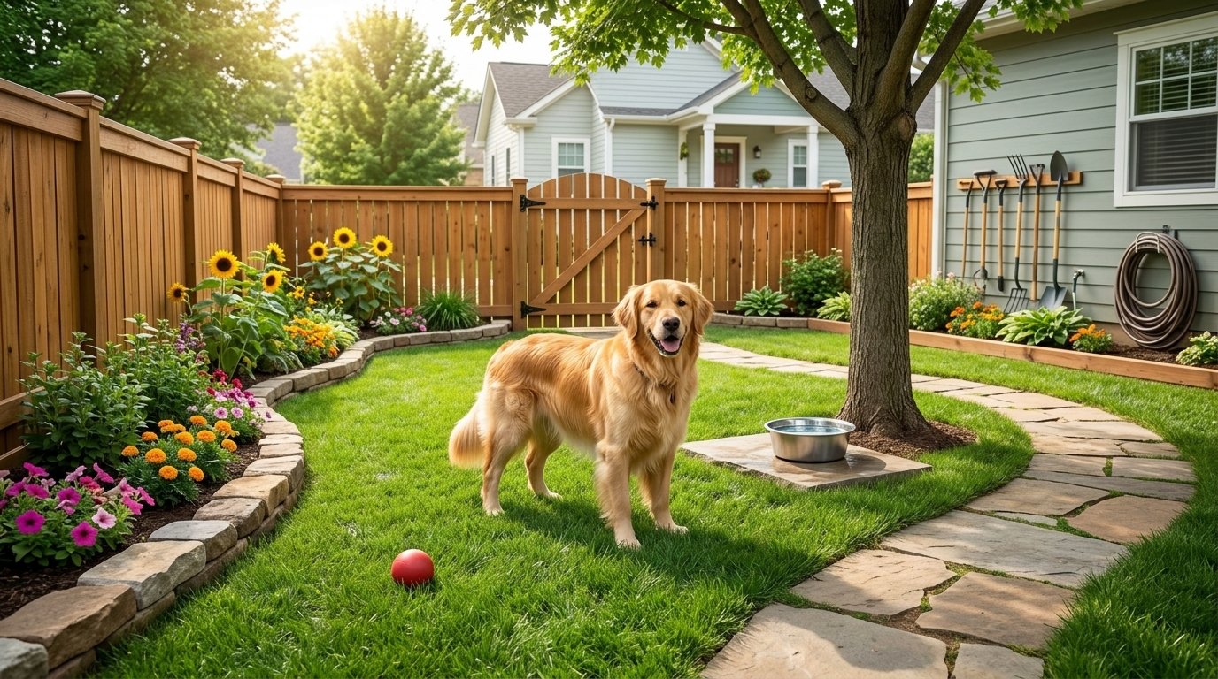 Dog-friendly yard with secure fencing, shade, water, safe landscaping, and play space.
