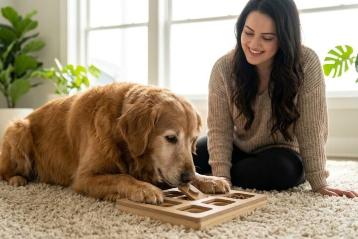 Mental stimulation for senior dogs with an older golden retriever using a simple puzzle toy
