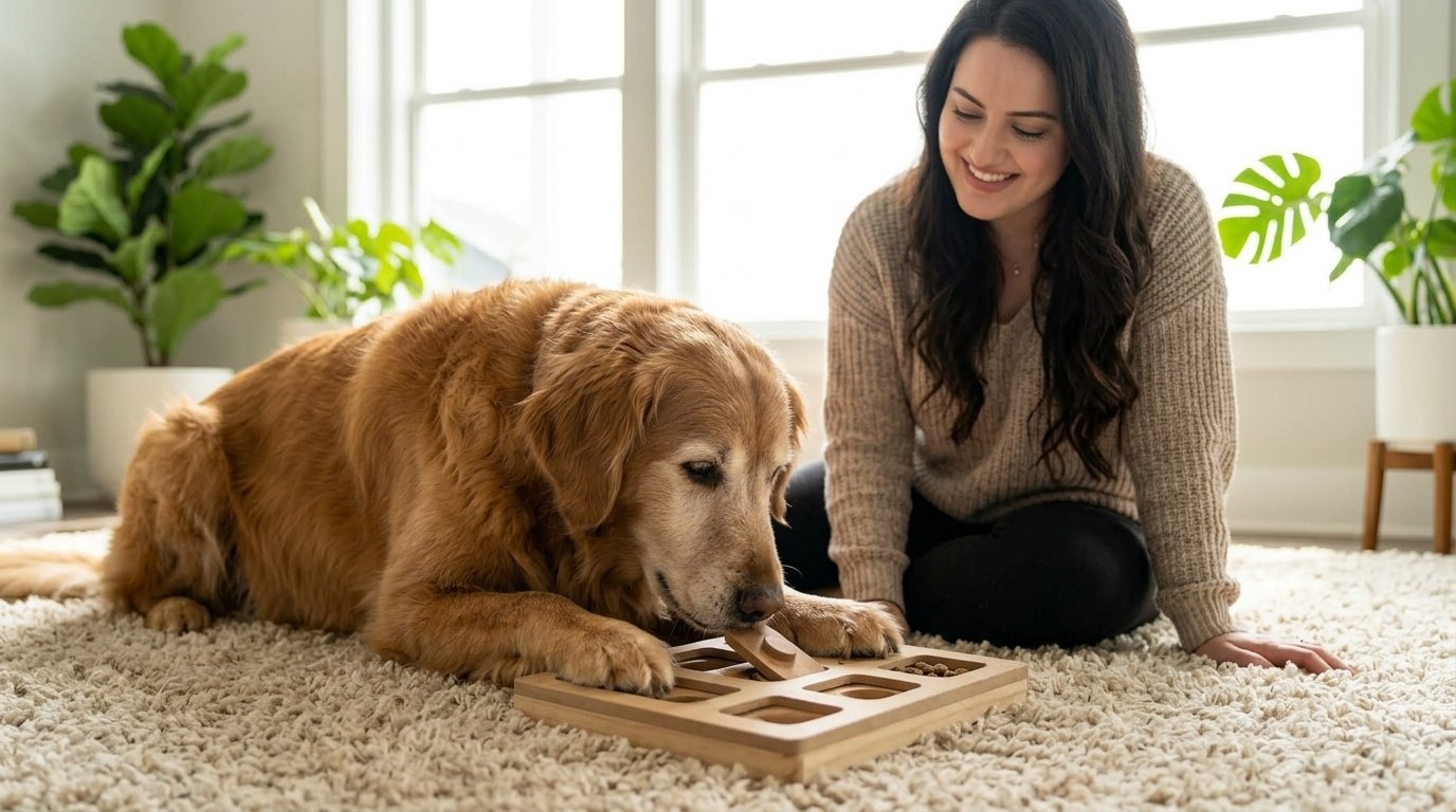Mental stimulation for senior dogs with an older golden retriever using a simple puzzle toy