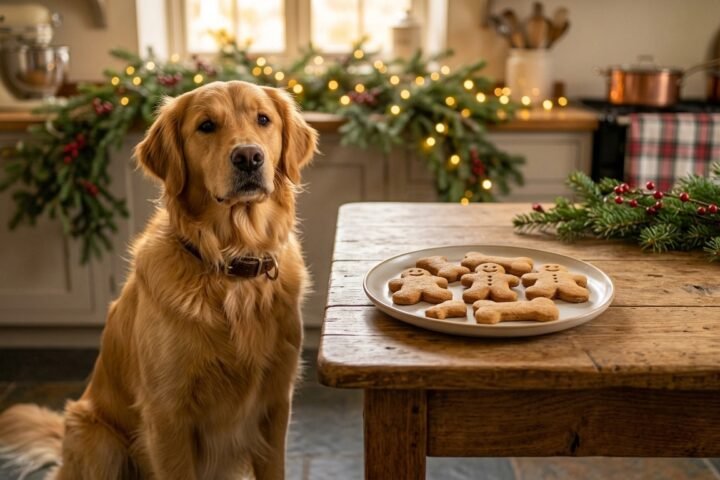 Dog-Friendly Gingerbread Treats with a golden retriever beside homemade holiday cookies
