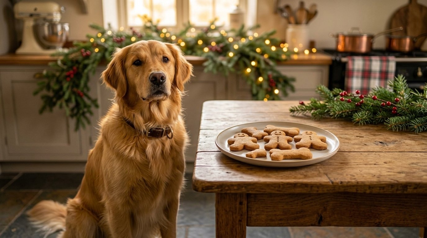 Dog-Friendly Gingerbread Treats with a golden retriever beside homemade holiday cookies