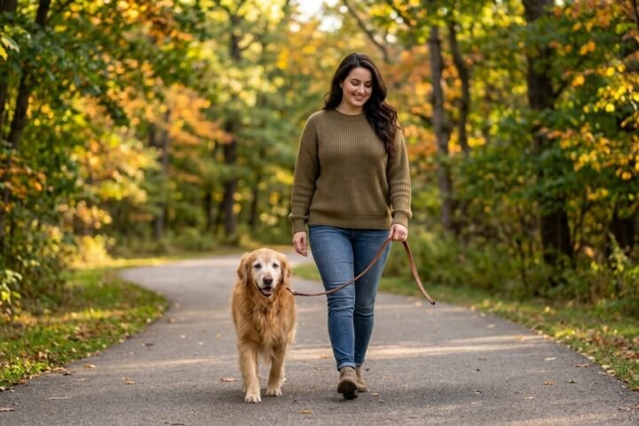 Senior dog fall care during a gentle late-summer walk