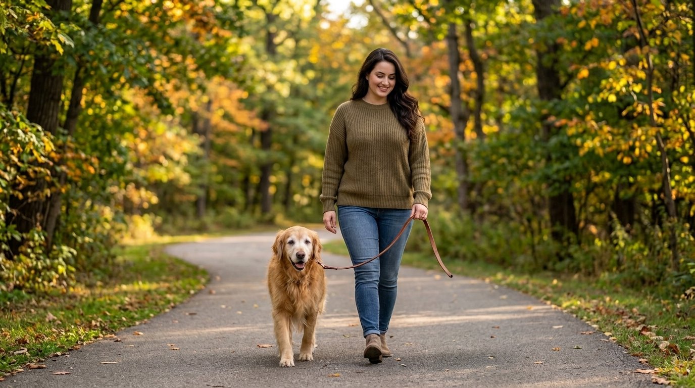 Senior dog fall care during a gentle late-summer walk