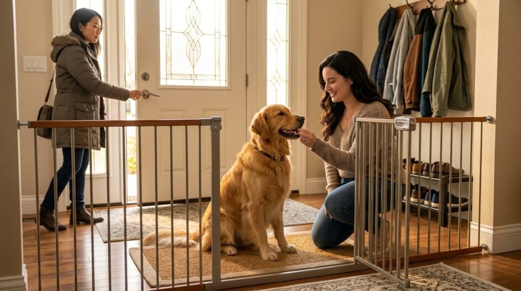 Dog calmly waiting behind a gate while a guest enters the home
