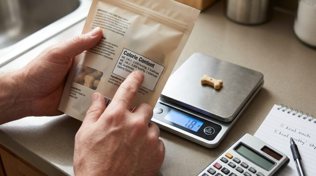 Owner checking a dog treat label and weighing one treat