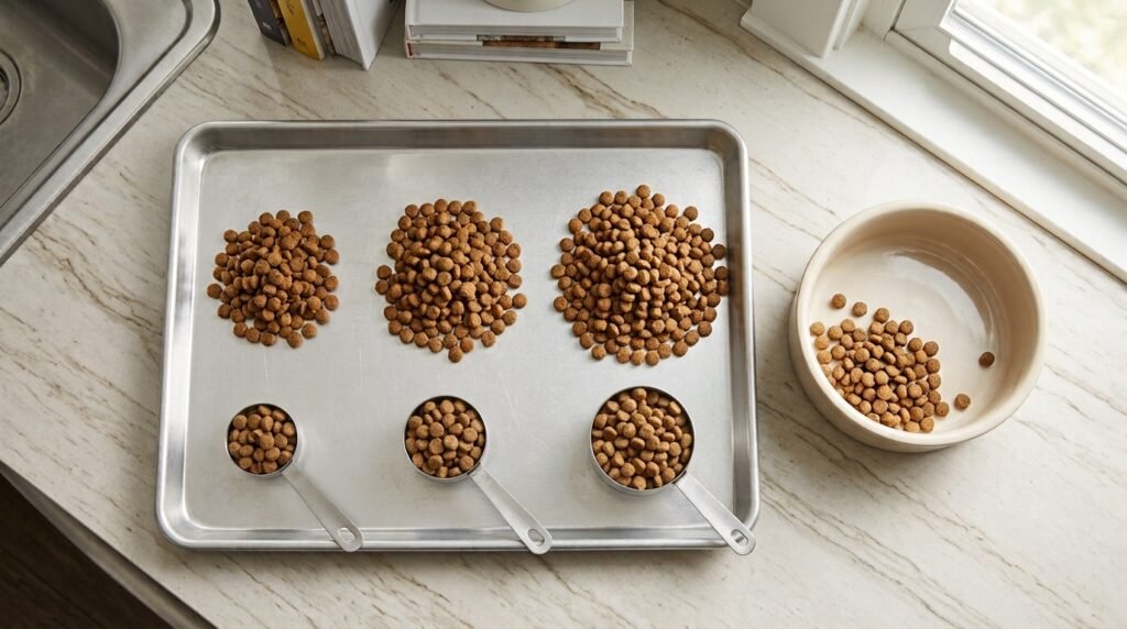 A measured dog meal spread across a baking sheet to slow eating.