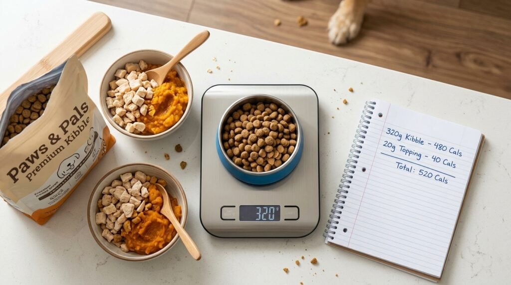 Kitchen scale and measured dog food topper beside kibble