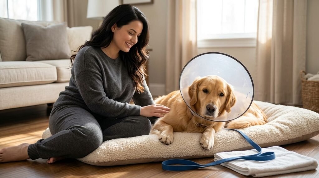Dog resting safely during broken nail recovery