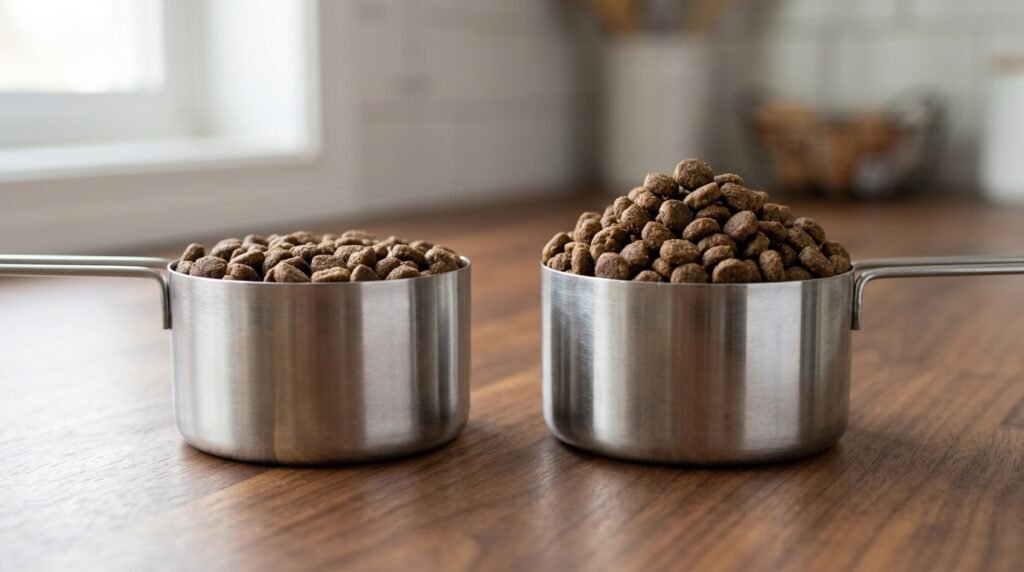 Two matching measuring cups holding level and heaped amounts of kibble