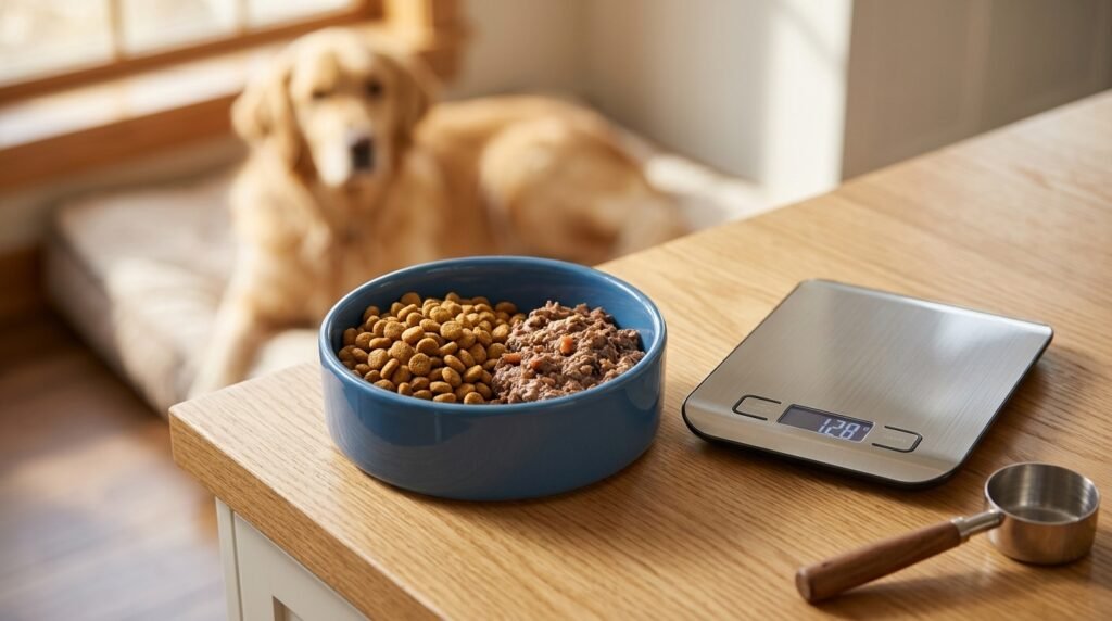 Measured portions for safely mixing wet and dry dog food