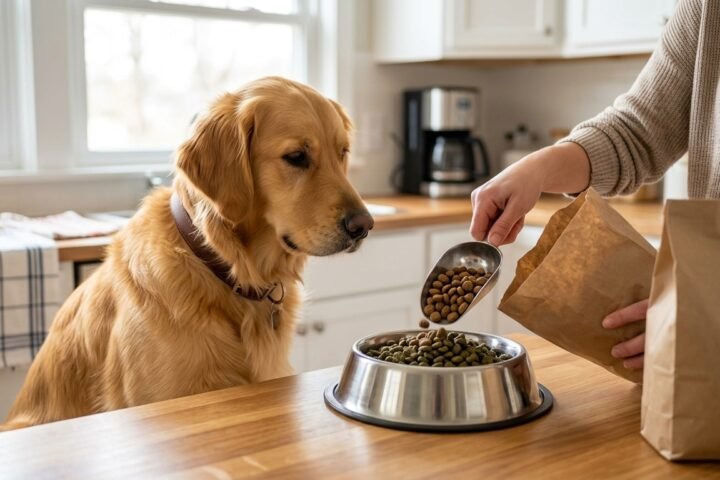 Dog food transition with an owner gradually mixing old and new dog food