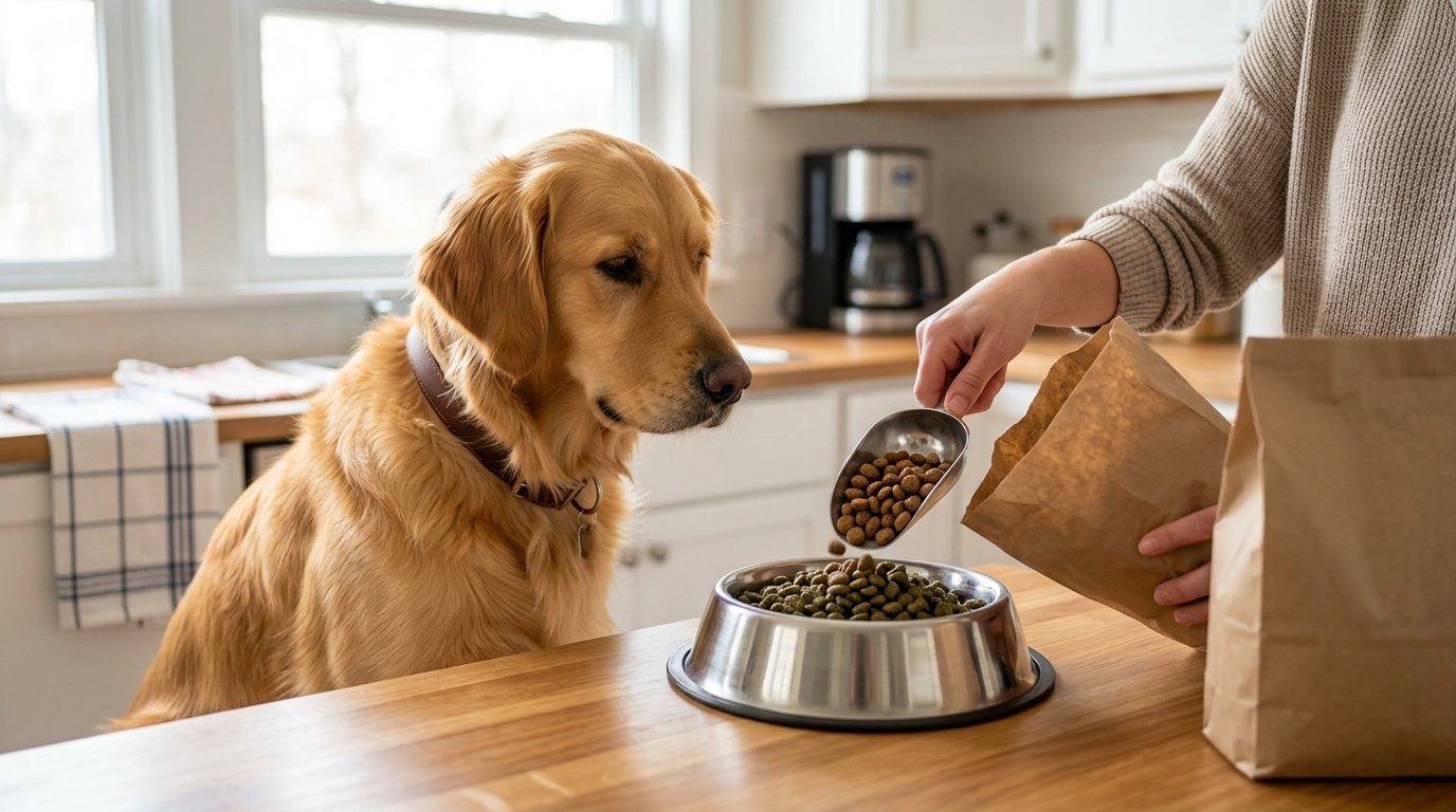 Dog food transition with an owner gradually mixing old and new dog food