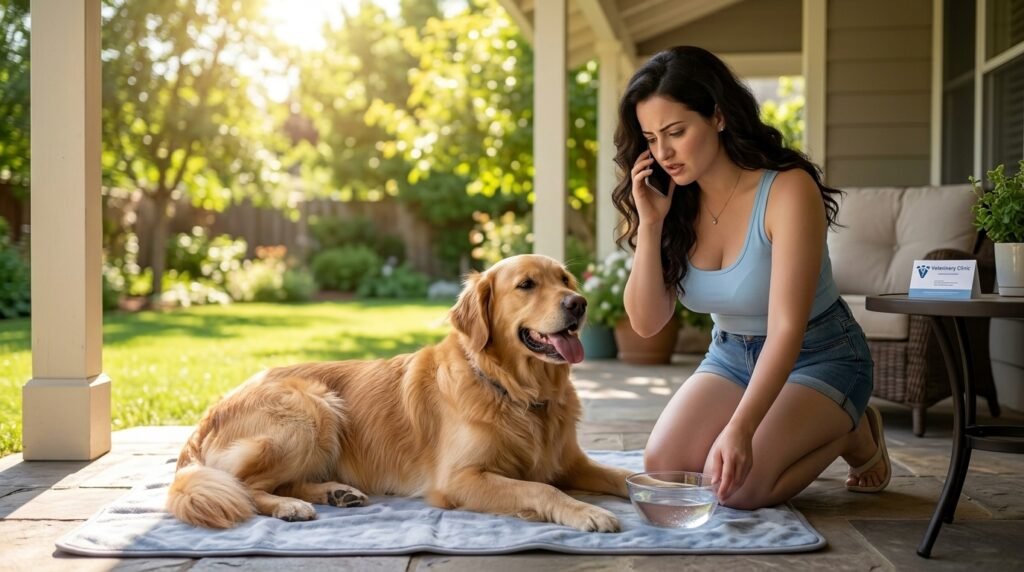 Overheated panting dog receiving safe cooling while owner calls a veterinarian