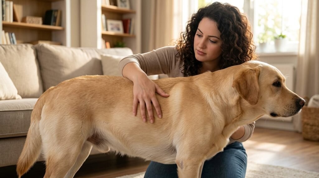 Owner checking a dog’s ribs, waist, and body condition