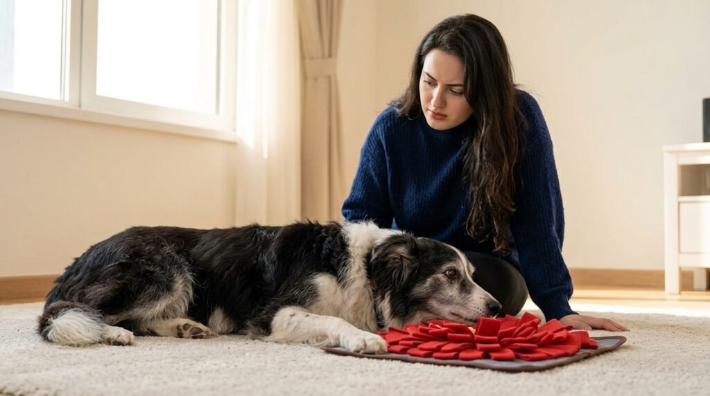 Owner monitoring an older dog’s behavior and interest in enrichment activities