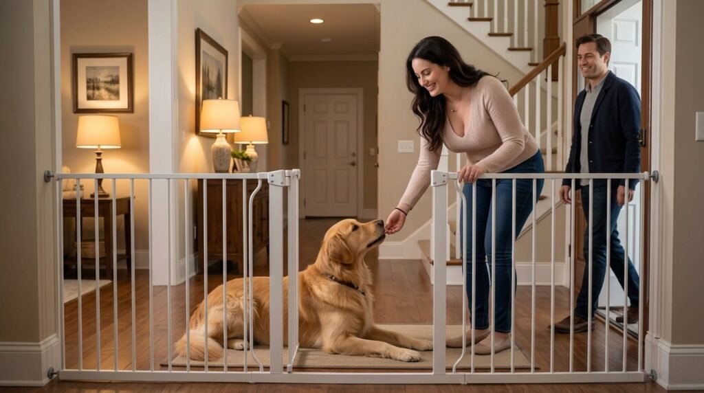 Calm dog staying on a mat behind a gate while a guest enters