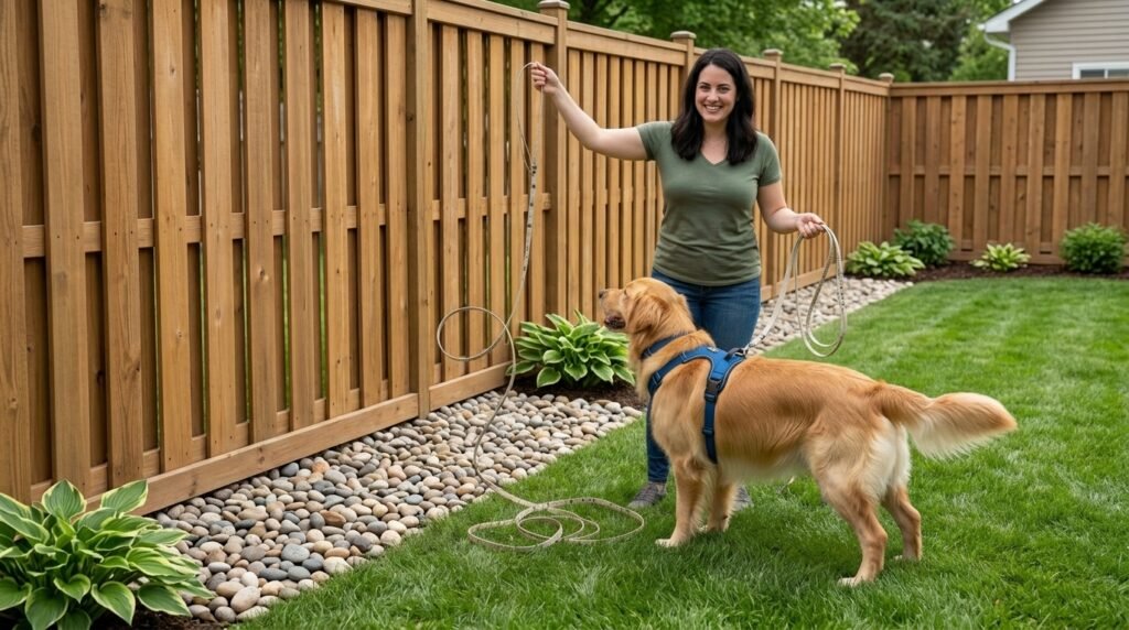 Owner tracking progress while teaching a dog where to dig