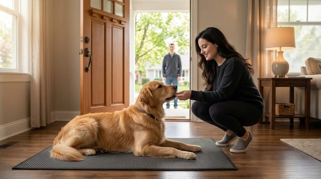Dog practicing calm mat behavior while a visitor waits outside the door