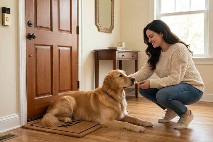 Dog barking at the doorbell training with a calm dog resting on a mat
