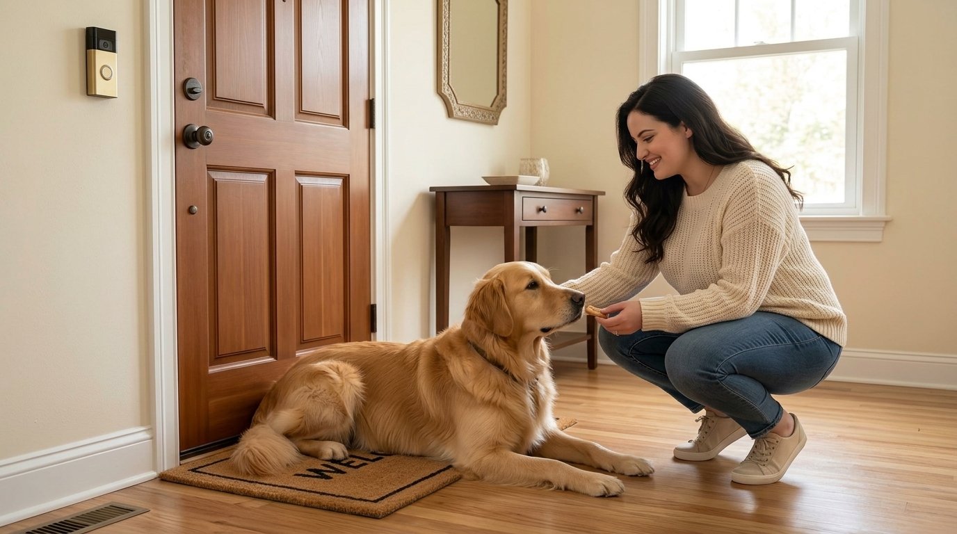 Dog barking at the doorbell training with a calm dog resting on a mat