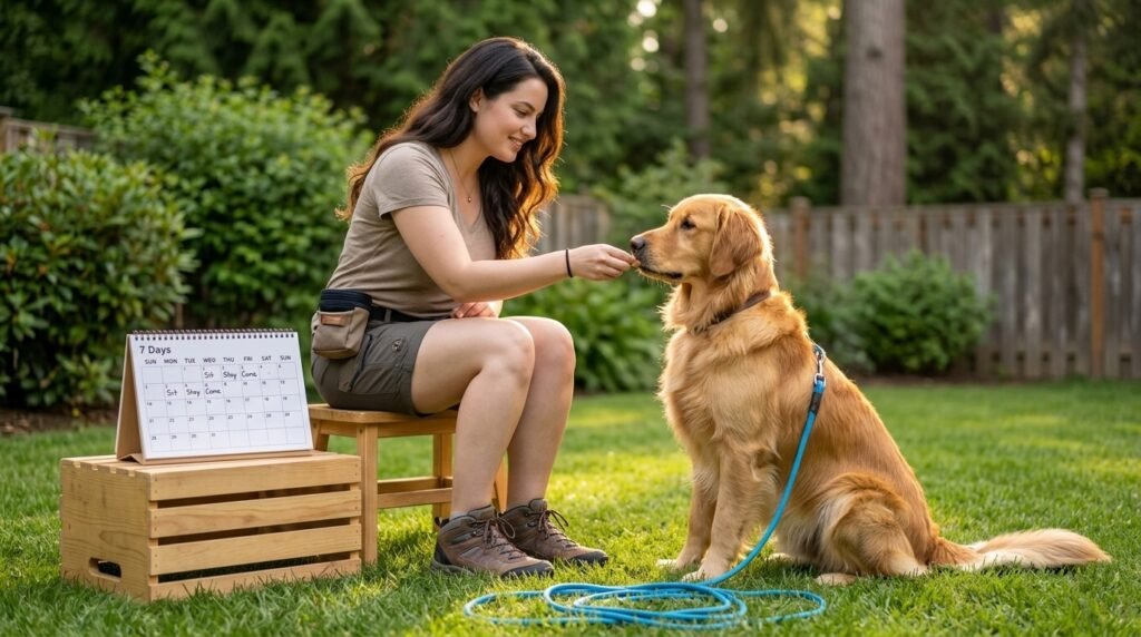 Owner following a seven-day positive reinforcement plan to rebuild dog training skills