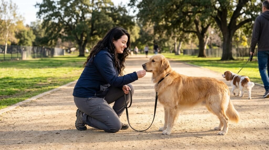 Owner rewarding calm behavior when dog sees another dog on a walk
