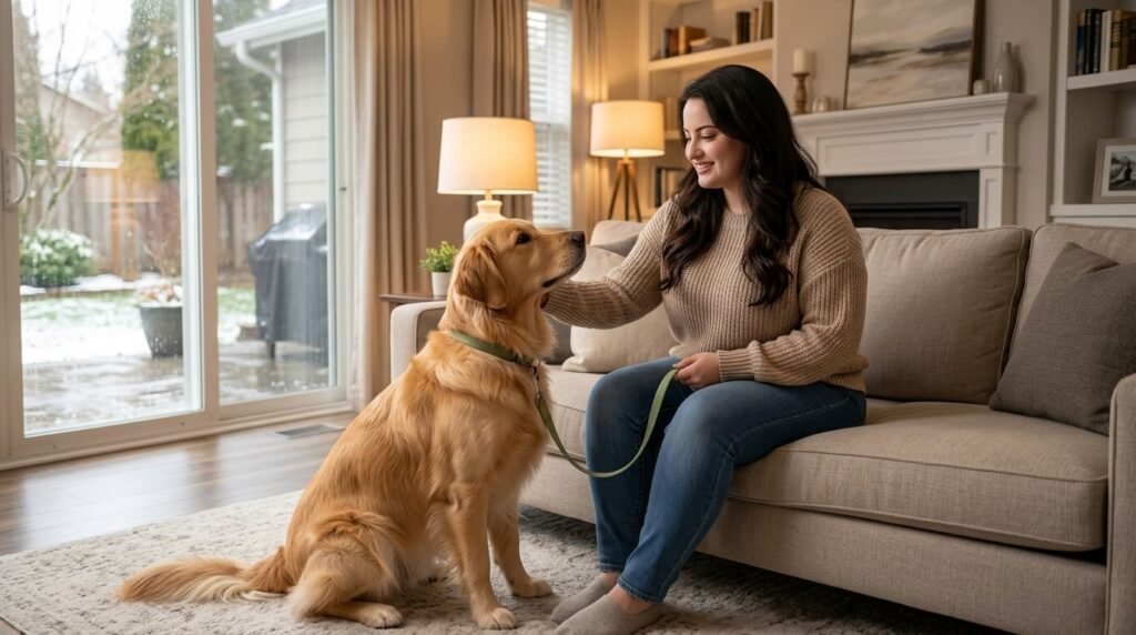 Dog supervised indoors after failing to poop outside