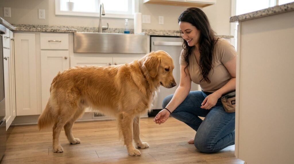 Owner rewarding four paws on the floor to stop a dog jumping on counters