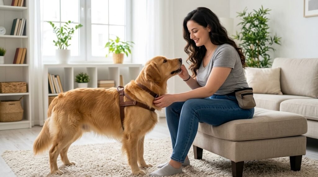 Owner rewarding a dog for coming within reach indoors