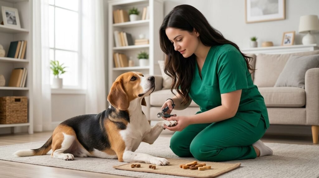 Female dog owner checking a dewclaw to prevent broken nails