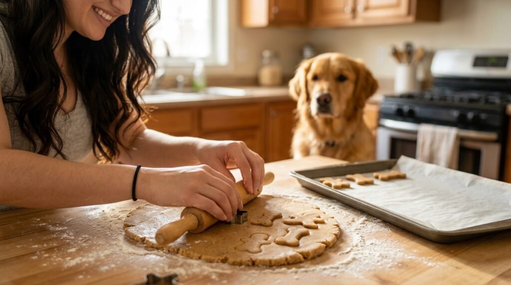 Dog owner rolling dough and cutting small homemade gingerbread dog treats before baking