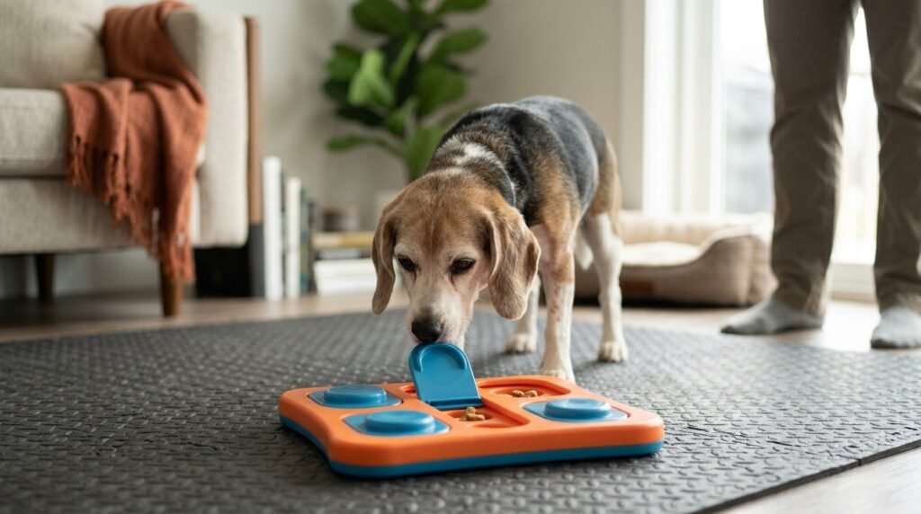 Senior beagle using an easy food puzzle on a nonslip mat