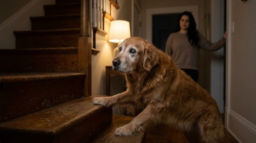 Senior dog hesitating near stairs in dim lighting