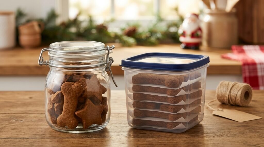 Cooled homemade gingerbread dog treats stored in airtight and freezer-safe containers