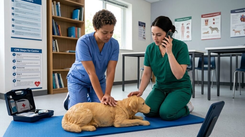 Two rescuers coordinating dog CPR and an emergency veterinary call