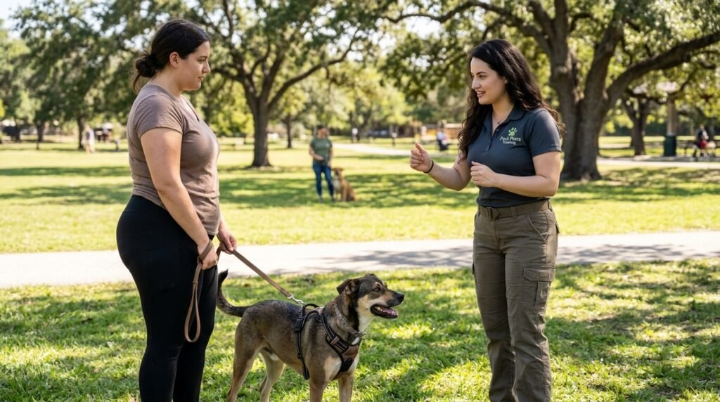 Female trainer helping owner manage dog reactivity around other dogs