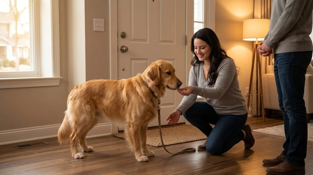 Dog rewarded low for keeping four paws on the floor near a visitor