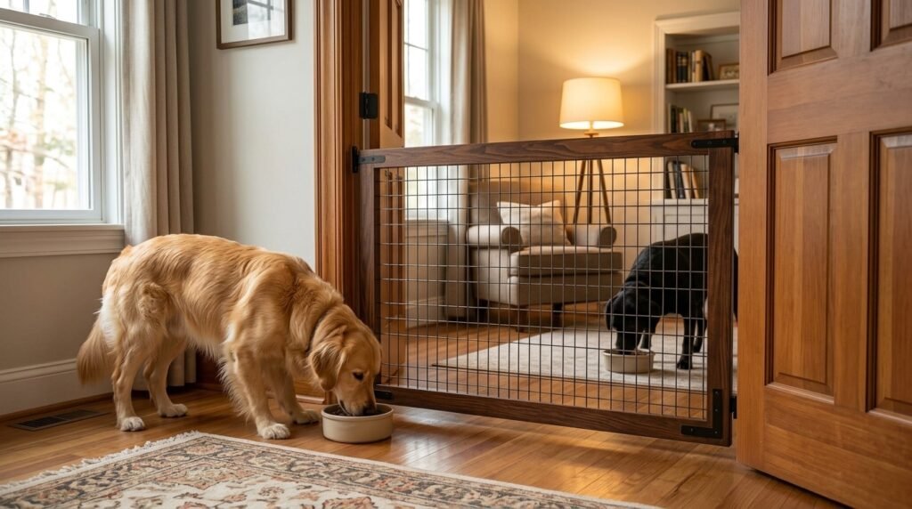Two dogs eating their meals in separate spaces without competition.