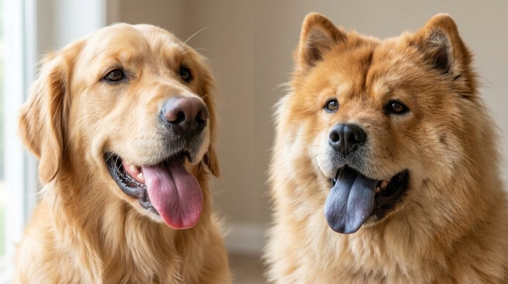 Healthy pink dog tongue beside a naturally blue-black Chow Chow tongue